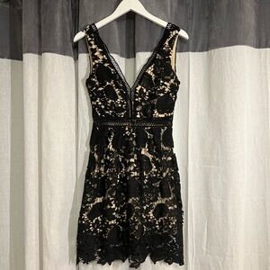 Black lace with tan under lay dress.